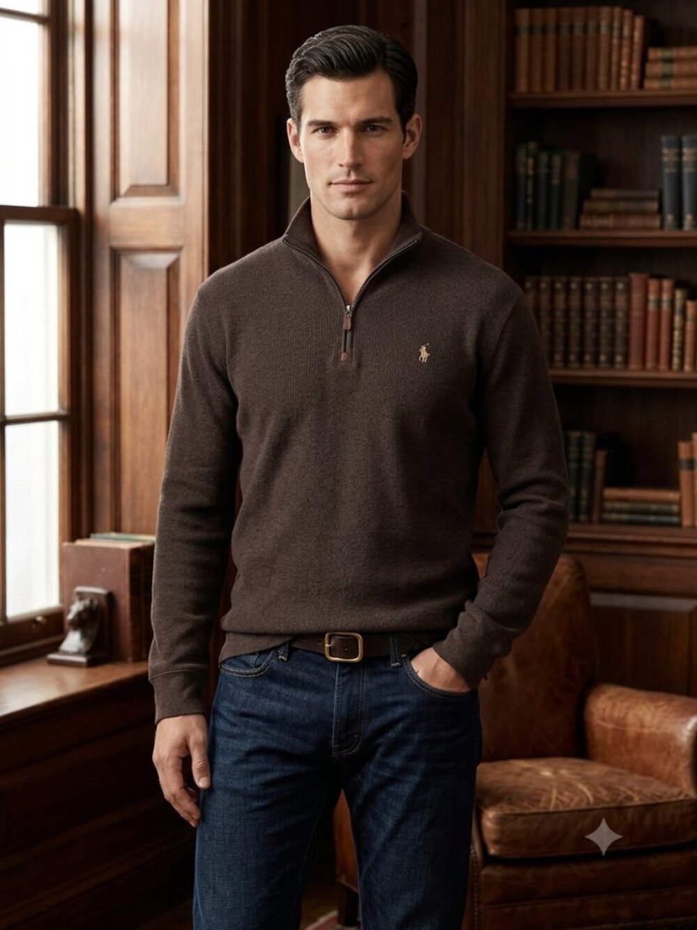 Polo Ralph Lauren Men's Brown Quarter Zip Cotton Pullover Sweater Preppy Classic